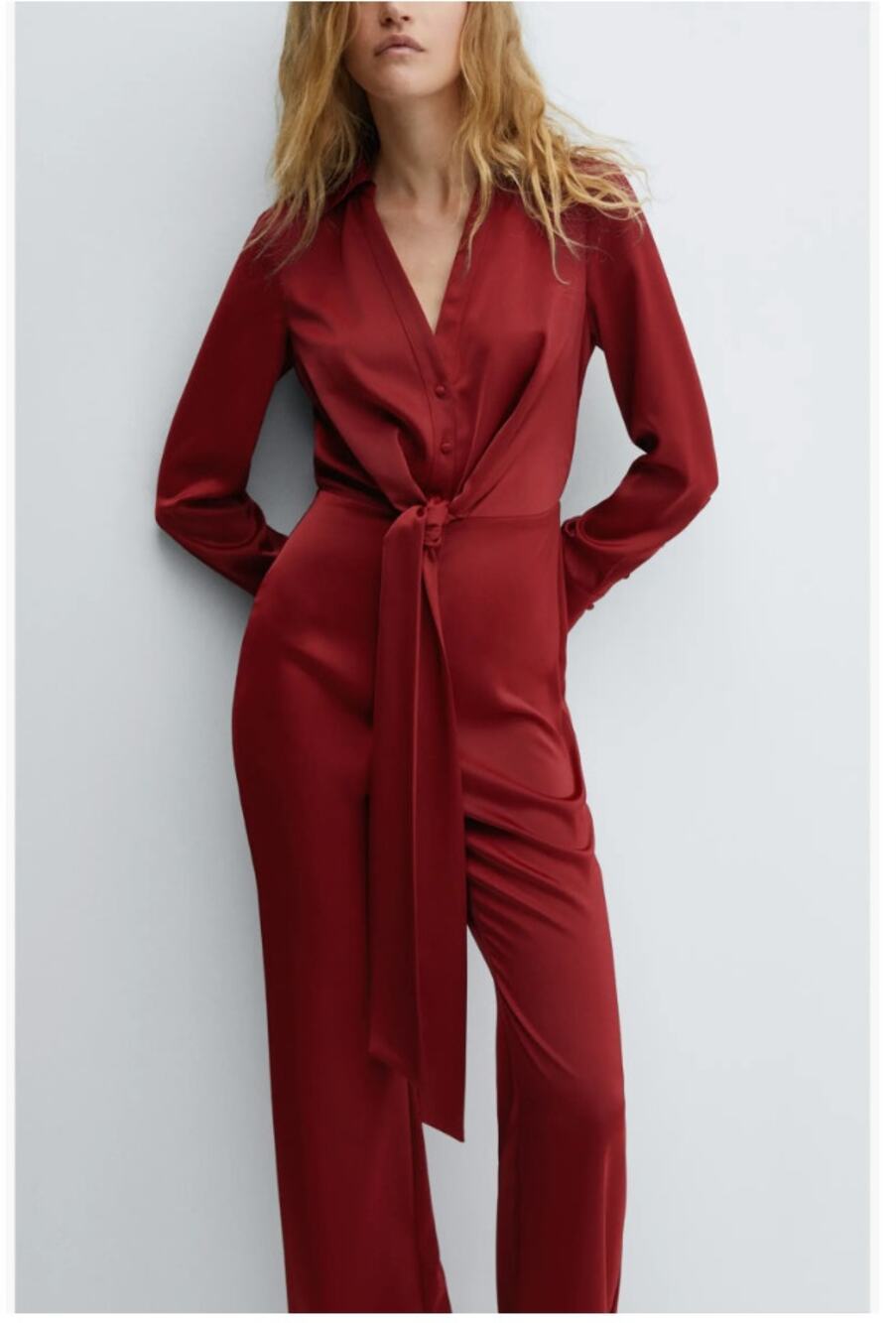 NWT Mango MNG Wrap Waist V-Neck Long Sleeve Jumpsuit Red Small